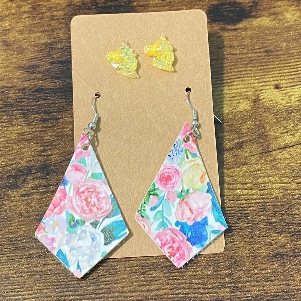 Unicorn Studs Floral Diamond Shaped Dangle Statement Earrings Set Novelty Yellow - Picture 4 of 7